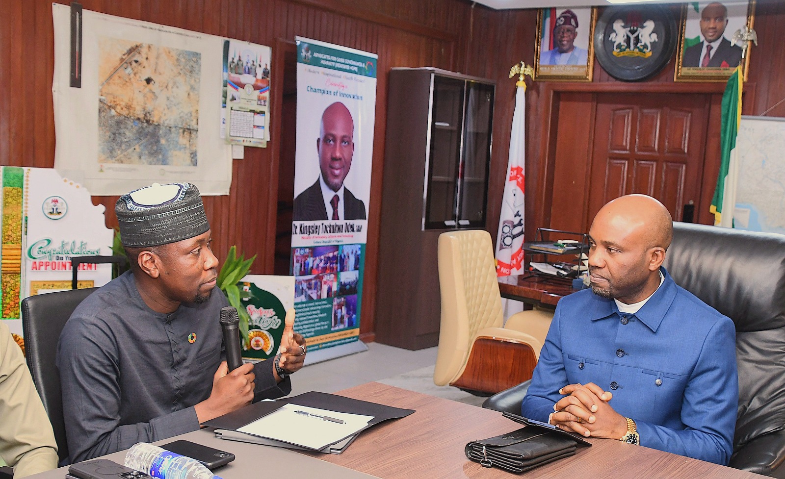 Hon. Minister of Innovation, Science and Technology, FMIST, Dr. Kingsley Tochukwu Udeh, SAN, (right) giving audience to the Director, World Intellectual Property Organization (WIPO) Mr. Oluwatobiloba Moody (left) during the Courtesy visit by the Director World Intellectual Property Organization to the Hon. Minister in Abuja.